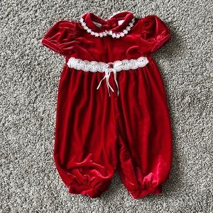 Red Velvet Holiday Rose Cottage Romper White Flower Lace 3/6 month girls